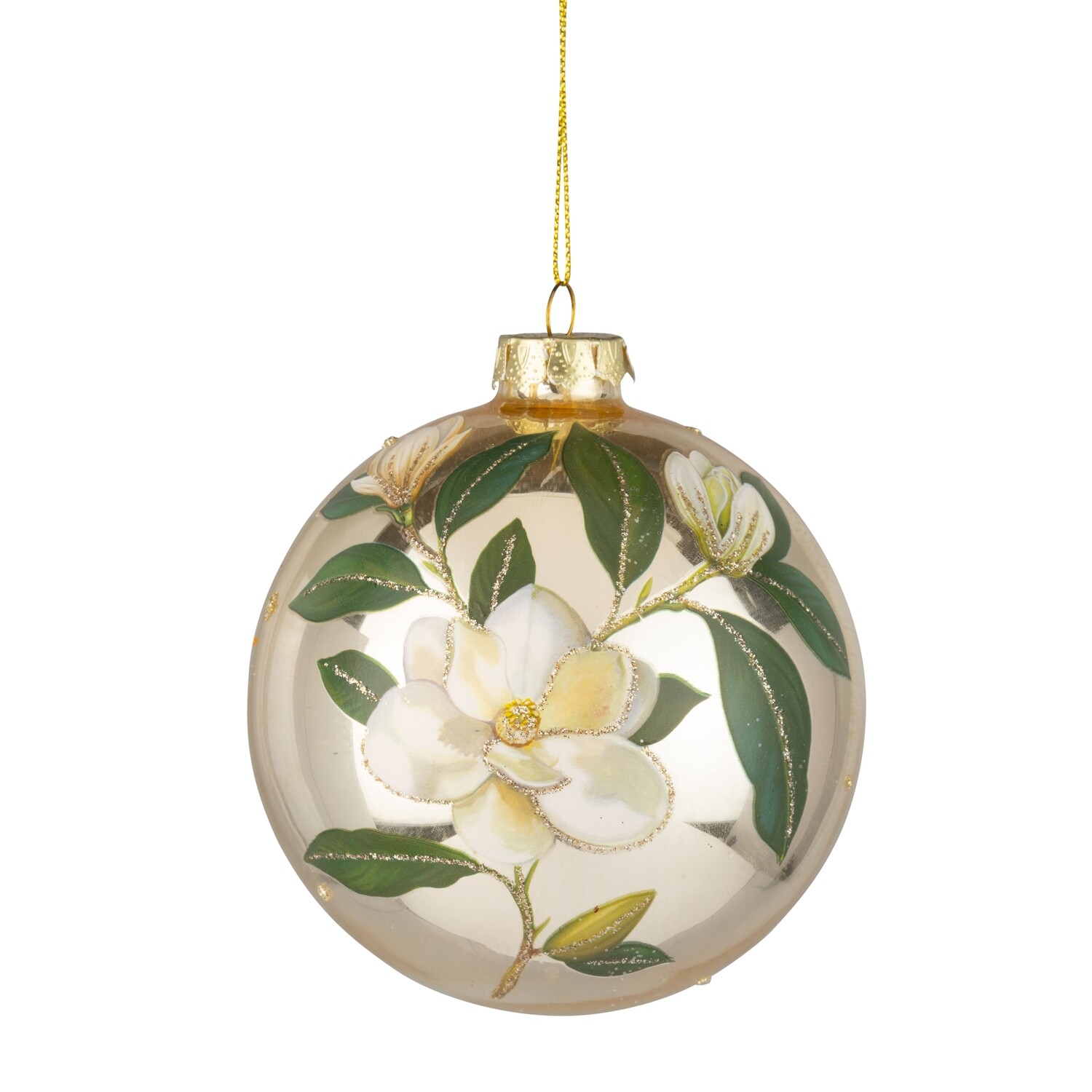 Glass ball ornament, shiny gold finish with magnolia print, 100mm/4 in  12      