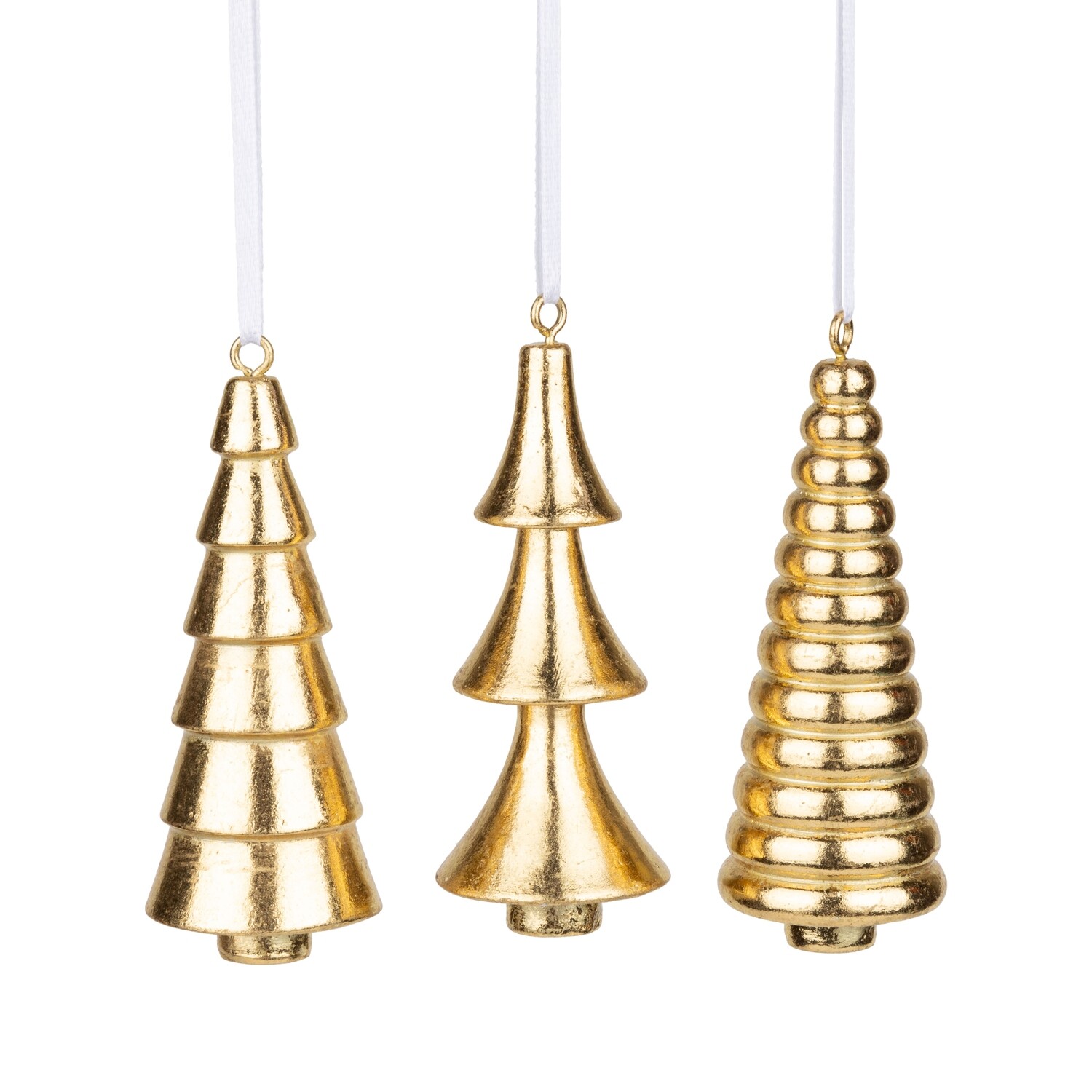 Set of 3 resin tree ornament, 3 distinctive gold cone shapes, 3.5 in  24            