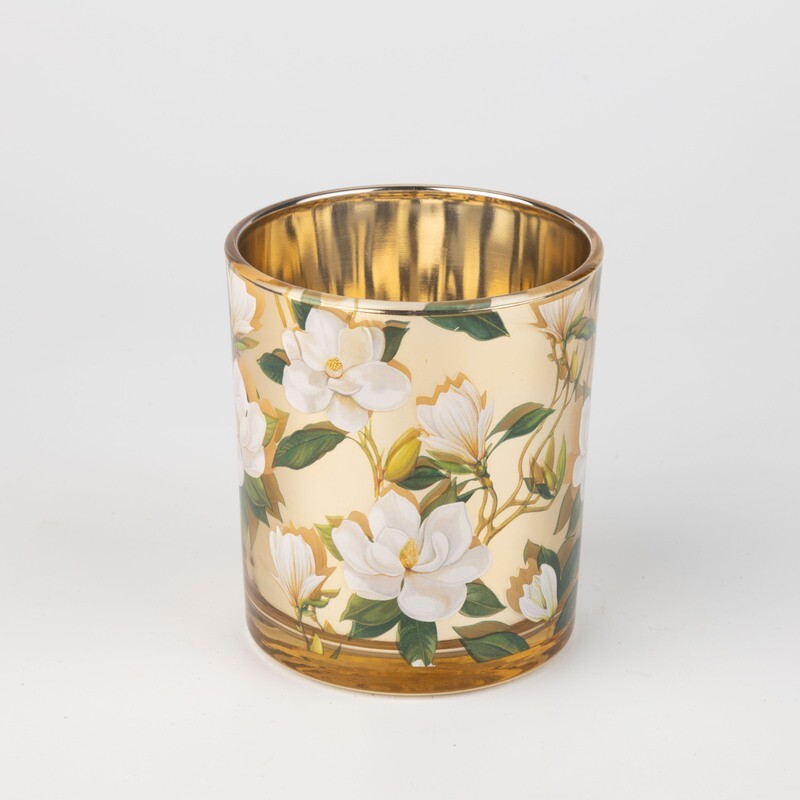 Glass votive holder, gold metallic glass with white and green magnolia flowers, gold interior, 4 in  6            