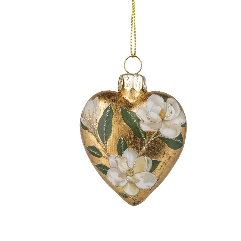 Glass heart ornament, gold foil finish with magnolia print, 2.5 in  12      