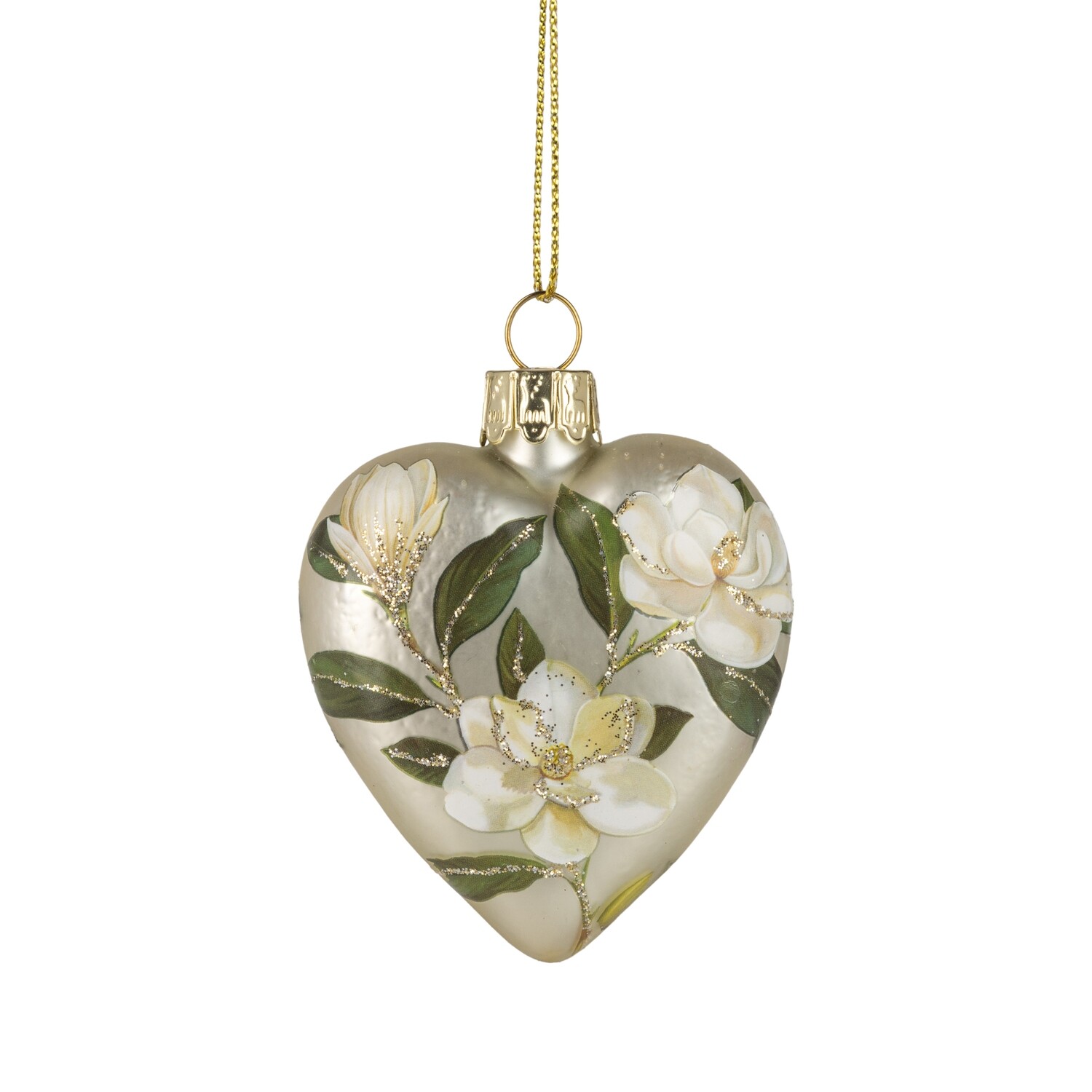 Glass heart ornament, matte gold finish with magnolia print, 2.5 in  12      