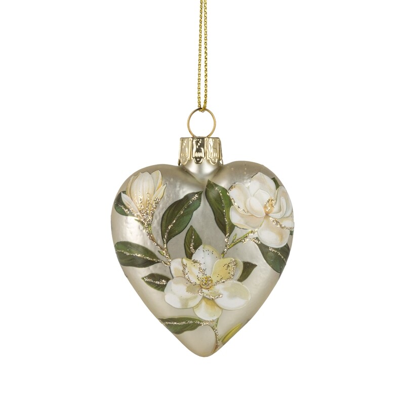 Glass heart ornament, matte gold finish with magnolia print, 2.5 in  12      