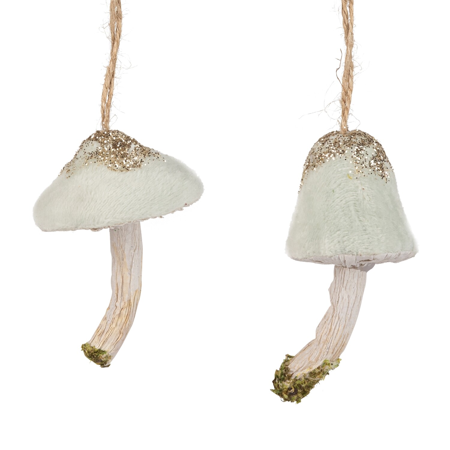 2 Asst&#39;d velvet mushroom ornament, light green cap and natural paper stem, 3 in  24      