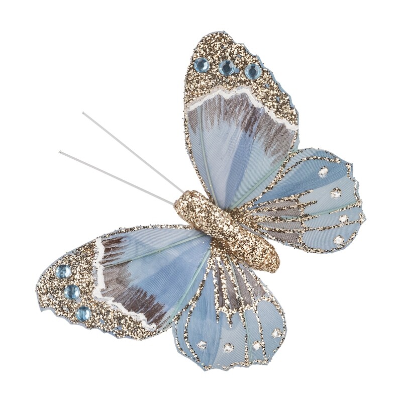 Butterfly clip ornament, blue with beaded glitter detail, 3.5 in  24      