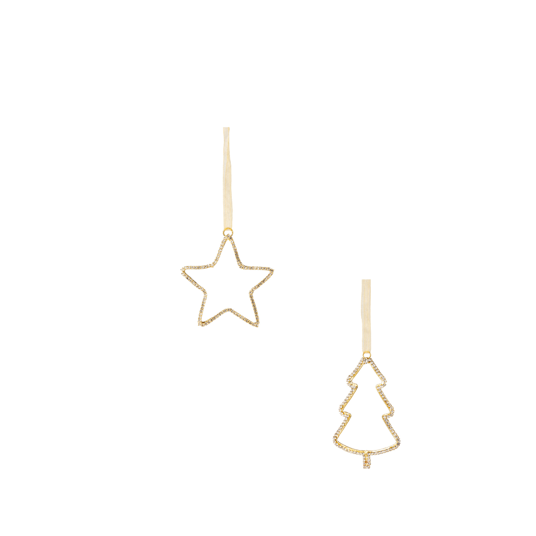 2 Asst&#39;d glass bead tree and star ornament on gold setting, 3 in  12      