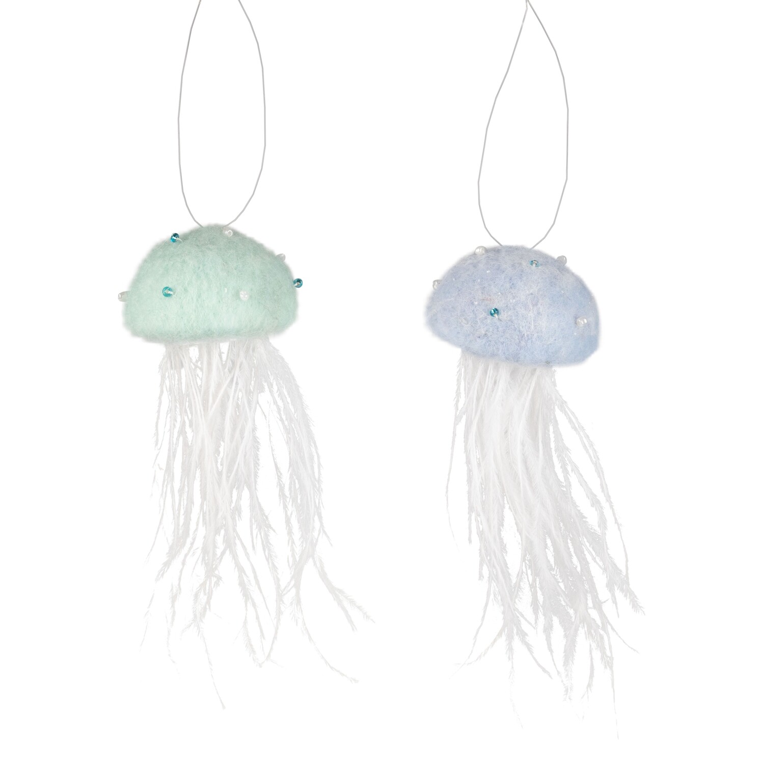 2 Asst&#39;d felt jelly fish ornament, pale blue and green with thin white feather, 6 in  12      