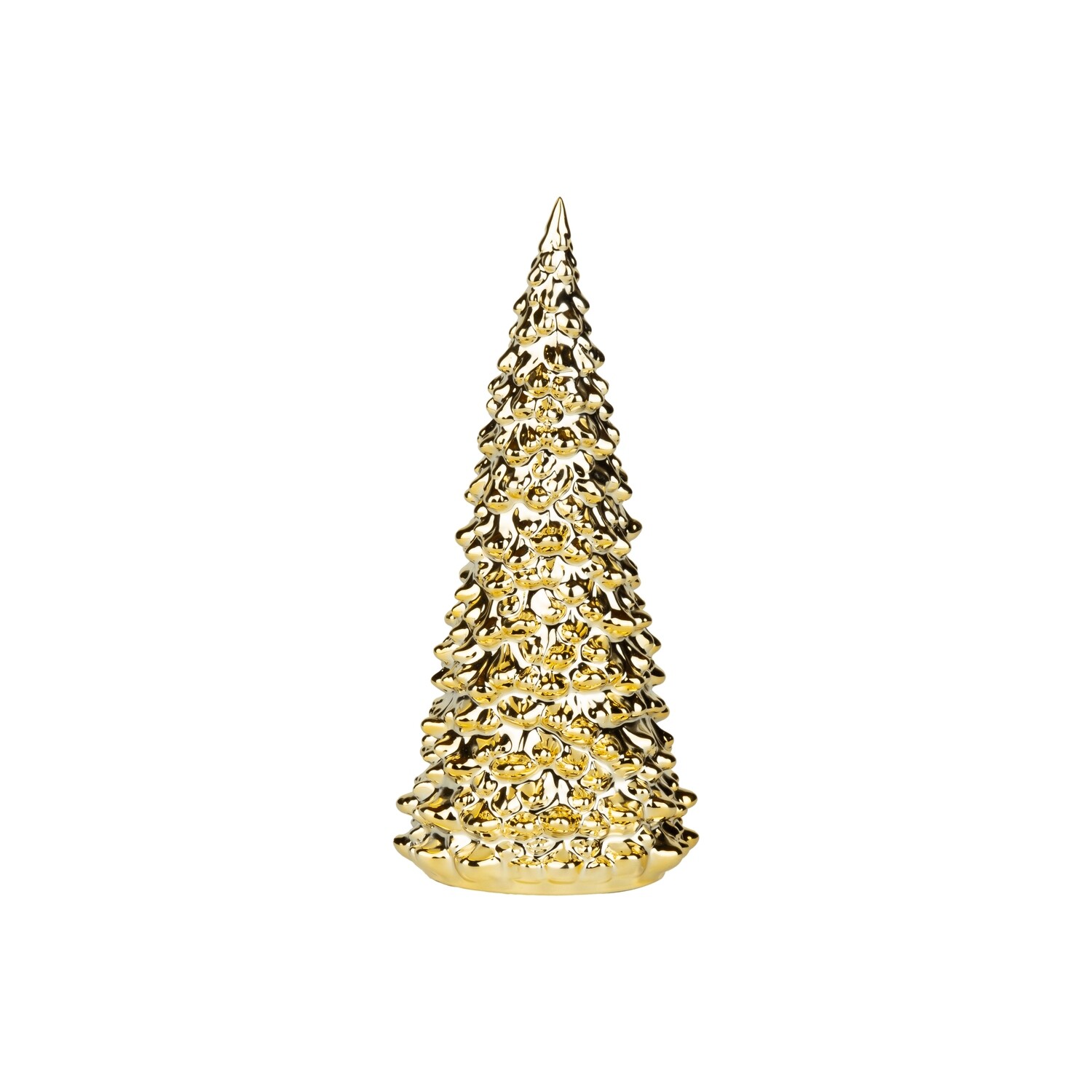 Ceramic gold fir tree table piece, shiny gold electroplate, 8 in  4            