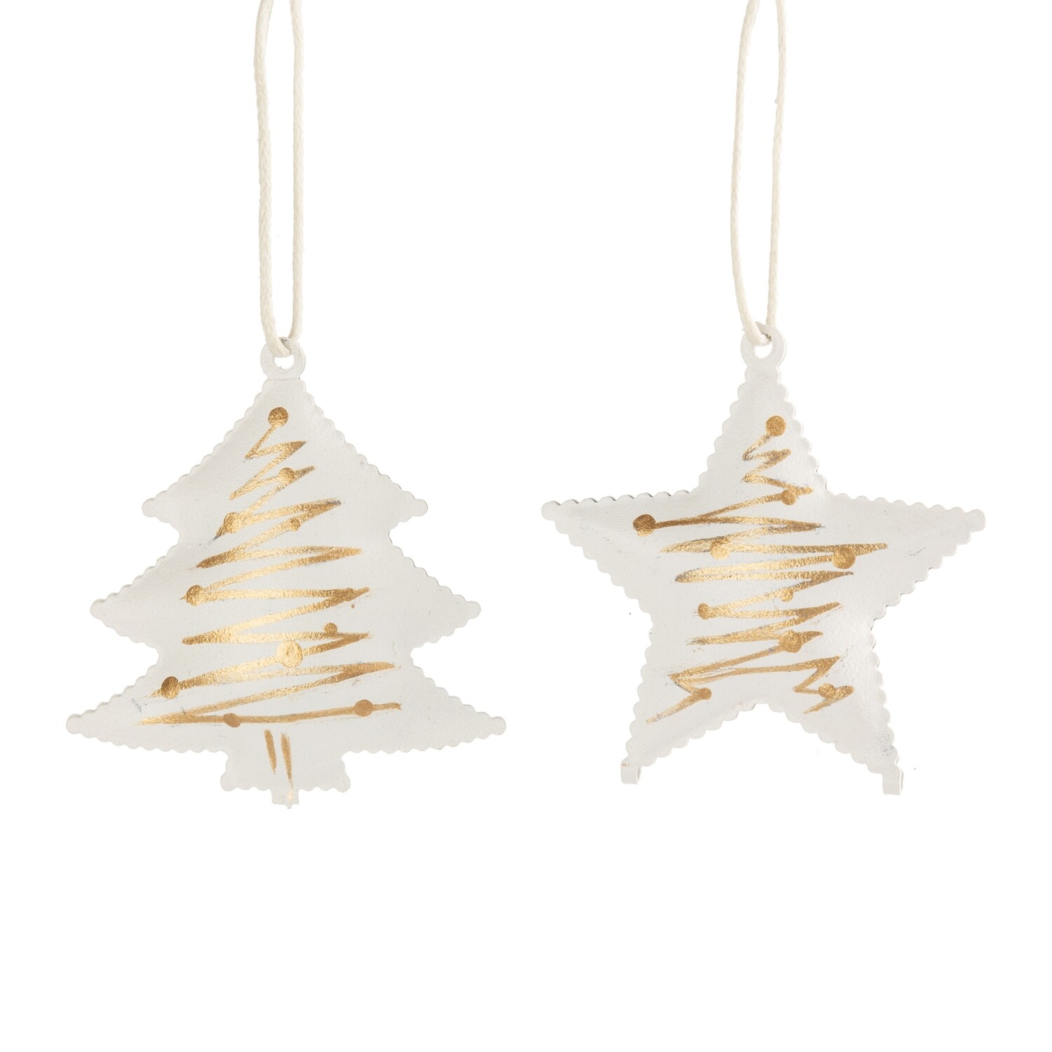 2 Asst&#39;d metal mini ornament, white with gold abstract print star and tree, 2 in  36            