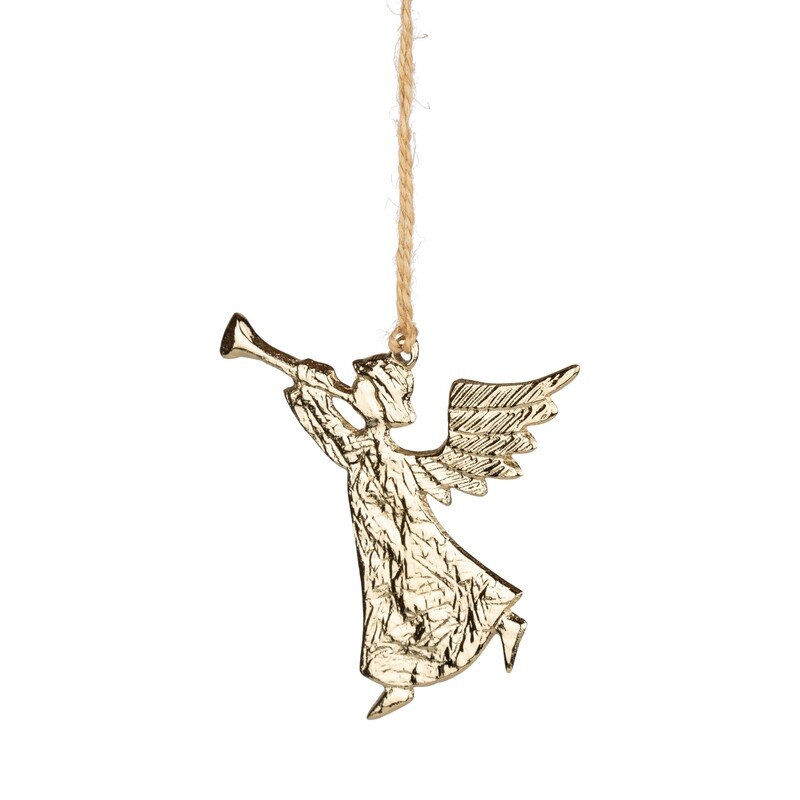 Metal gold angel ornament, textured finish, holding a festive horn, 3.5 in  12            