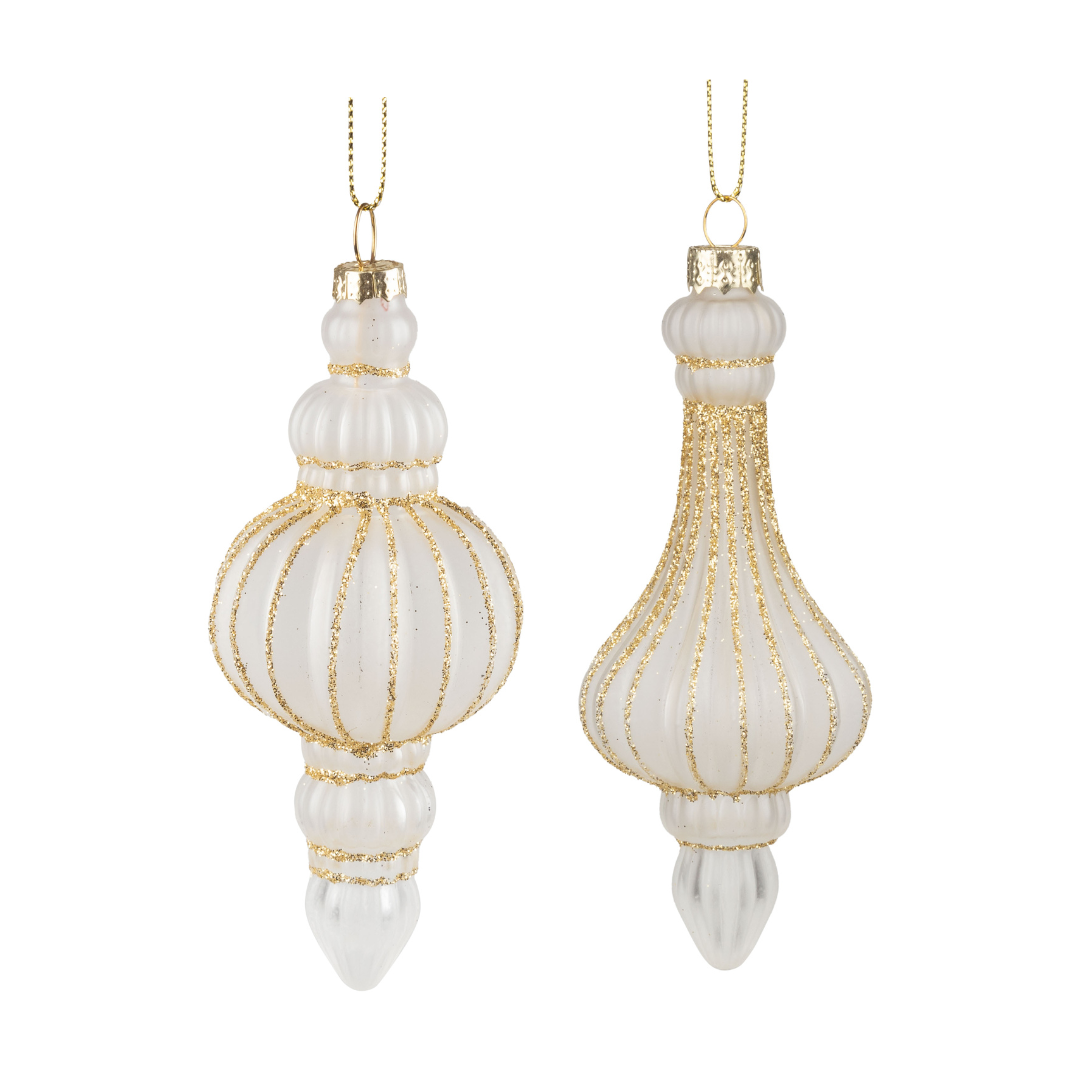2 Asst&#39;d ribbed glass finials, frosted white with pale gold glitter bands, 5 in  12            