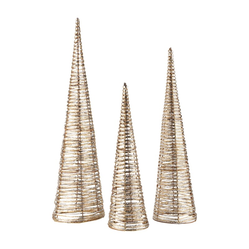 Set of 3 paper wrapped wire cone tree table piece, metallic silver and gold paper wrap on metal cone, 16+20+24 in  3            