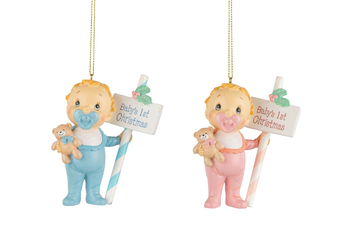 2 Asst&#39;d resin baby&#39;s first ornament, pink and blue holding sign, 4 in  8            