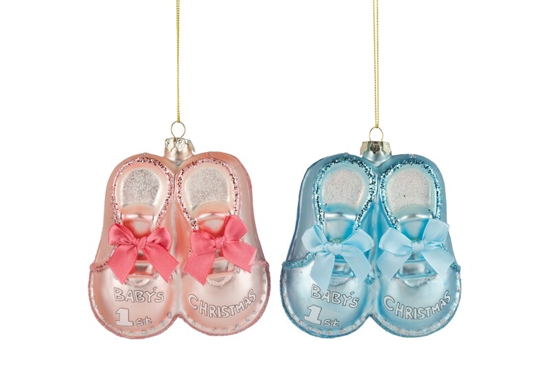 2 Asst'd blown glass baby's first ornament, pink and blue booties with lace trim, 4.5 in  6 -Z08 -25NP -S04/25