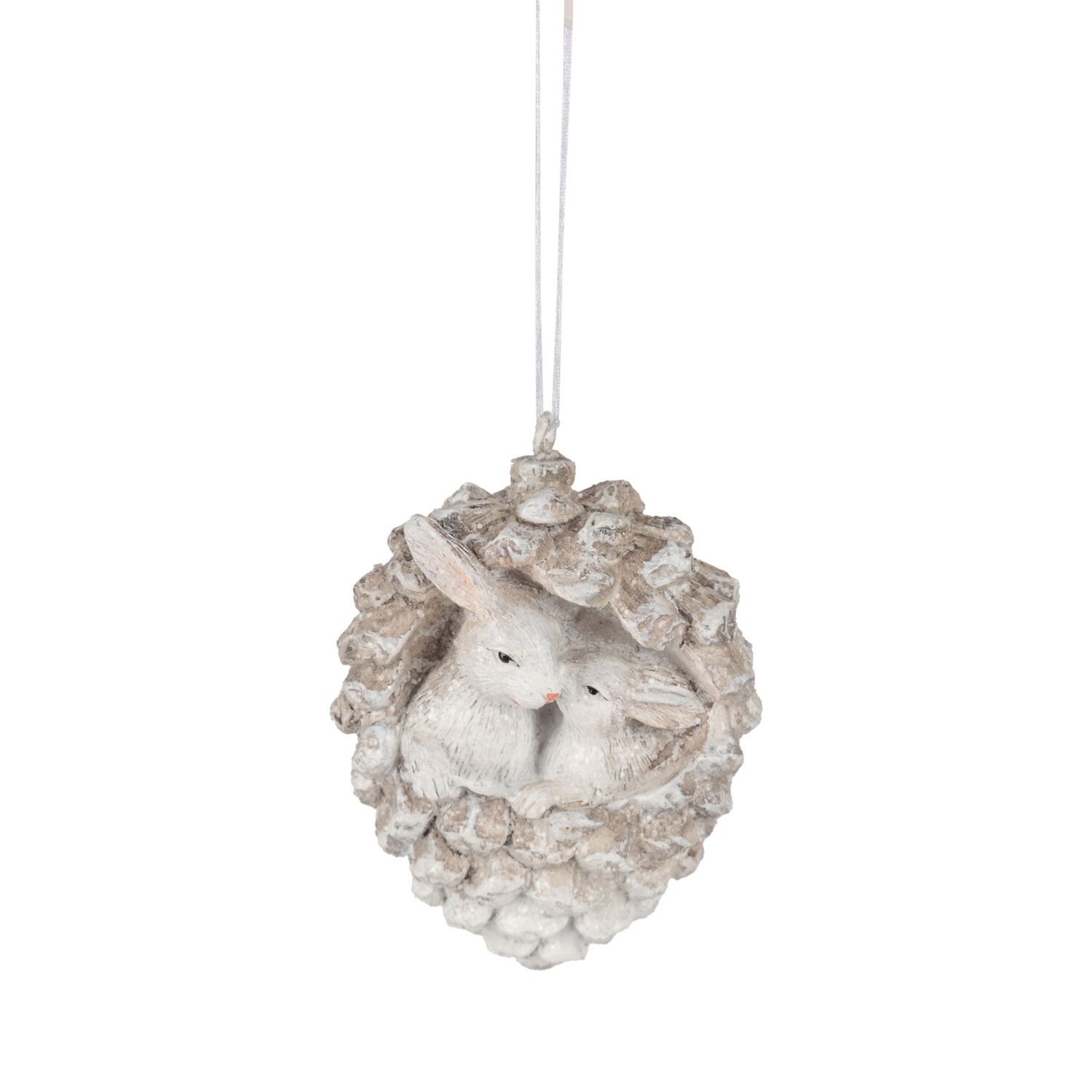 Resin white rabbits in pinecone ornament, 3 in  12            