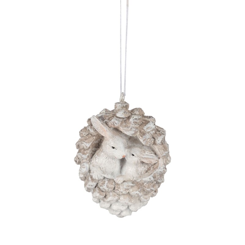 Resin white rabbits in pinecone ornament, 3 in  12            