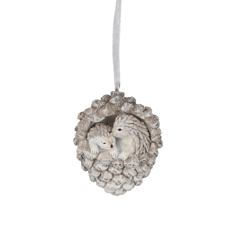 Resin white hedgehogs in a pinecone ornament, 3 in  12            