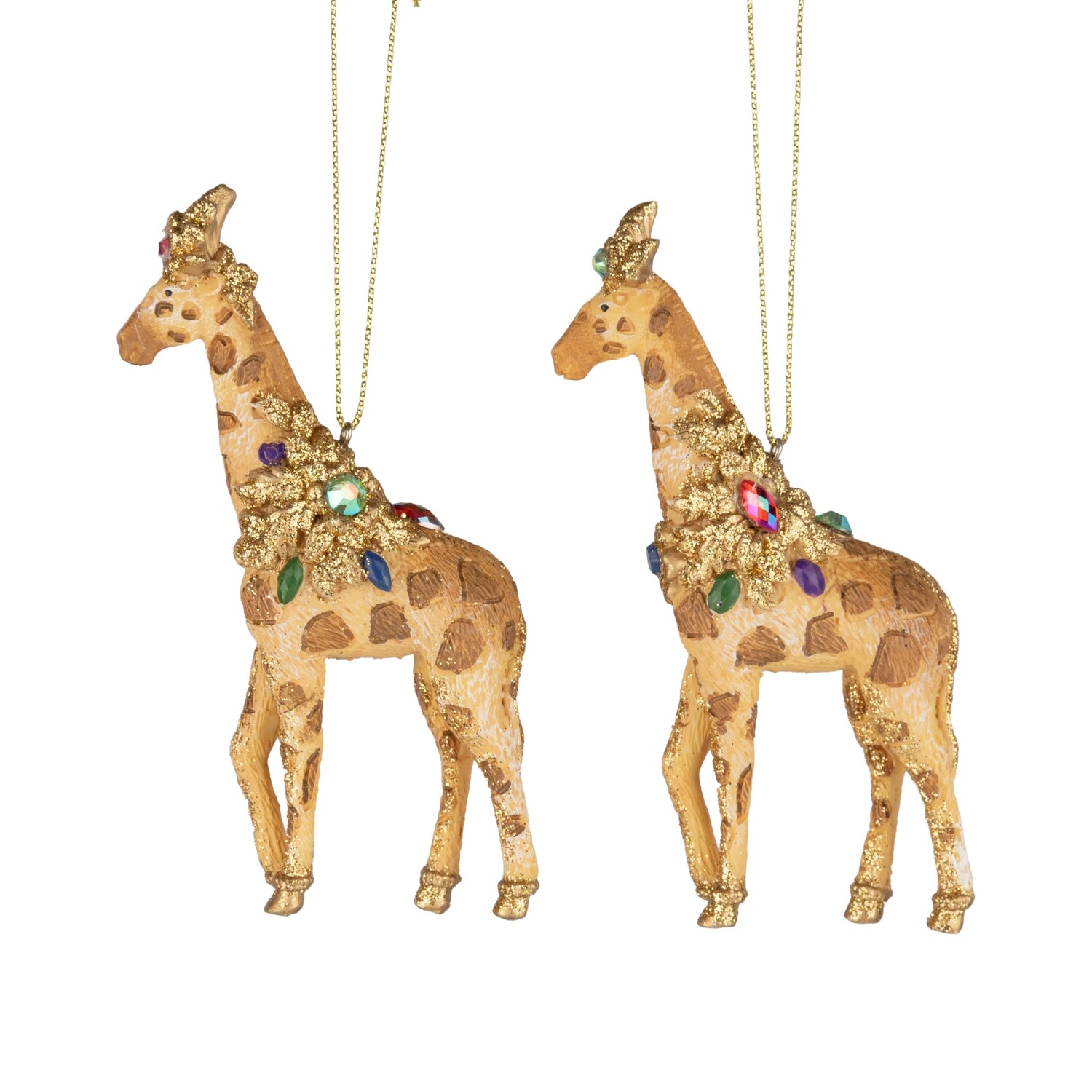 2 Asst&#39;d resin giraffe ornament, gold with colorful gemstones and gold crown, 5 in  6            