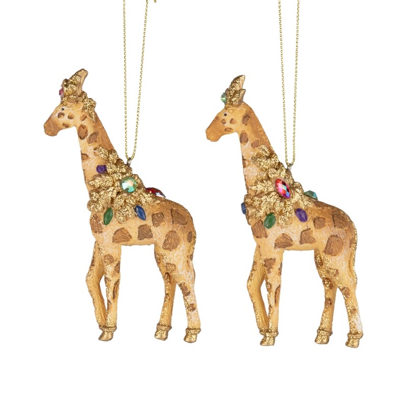 2 Asst&#39;d resin giraffe ornament, gold with colorful gemstones and gold crown, 5 in  6            