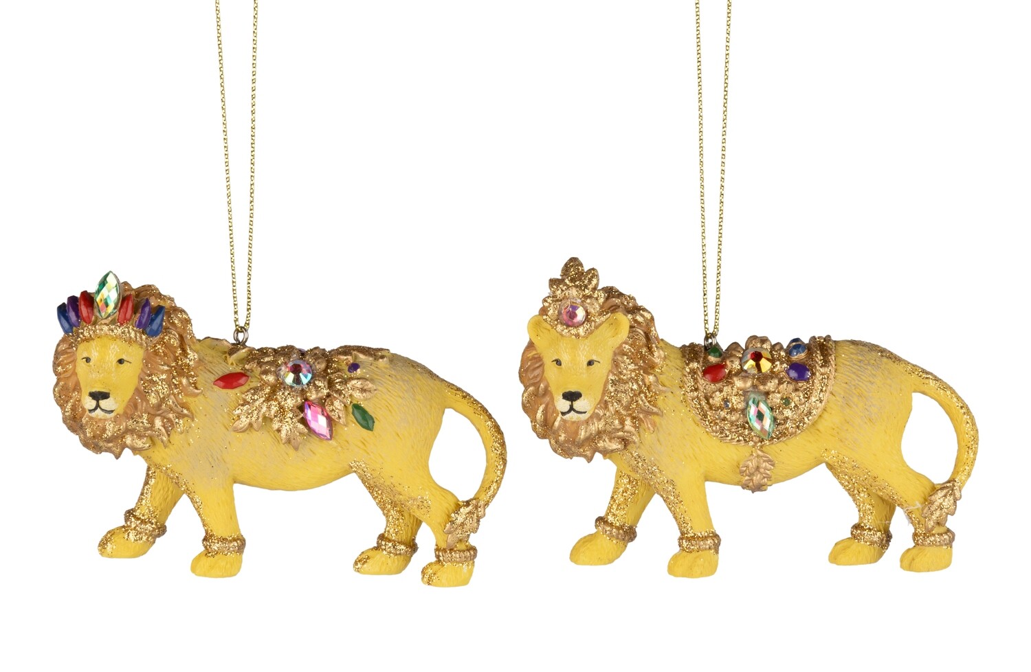 2 Asst&#39;d resin lion ornament, gold with colorful gemstones and gold crown, 4 in  6            