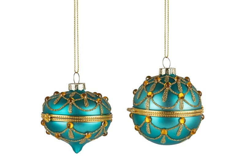 2 Asst&#39;d hinged glass keepsake ornaments teal green with gold swirls and amber diamantes, 2.5 in  12      