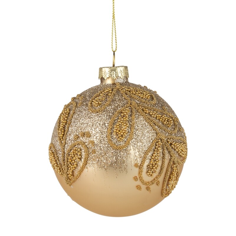 Glass ball ornament, gold on gold, beaded holly with glitter, 80mm/3 in  12            