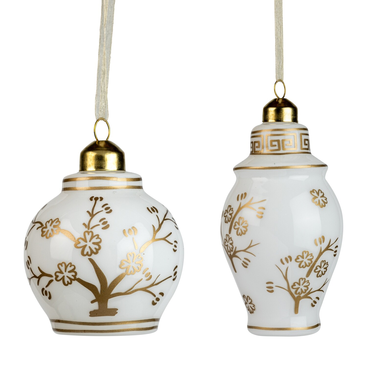 2 Asst&#39;d glass vase ornaments, white with gold painted flowers, 4.75 in  12            