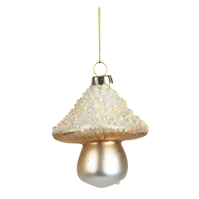 Glass mushroom ornament, light gold with cream top, beaded glitter cap, 2.5 in  12      