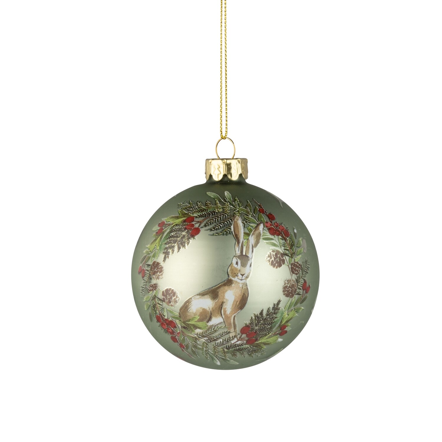 Glass ball ornament, pale green with hare in berry wreath motif, 80mm/3 in  12            