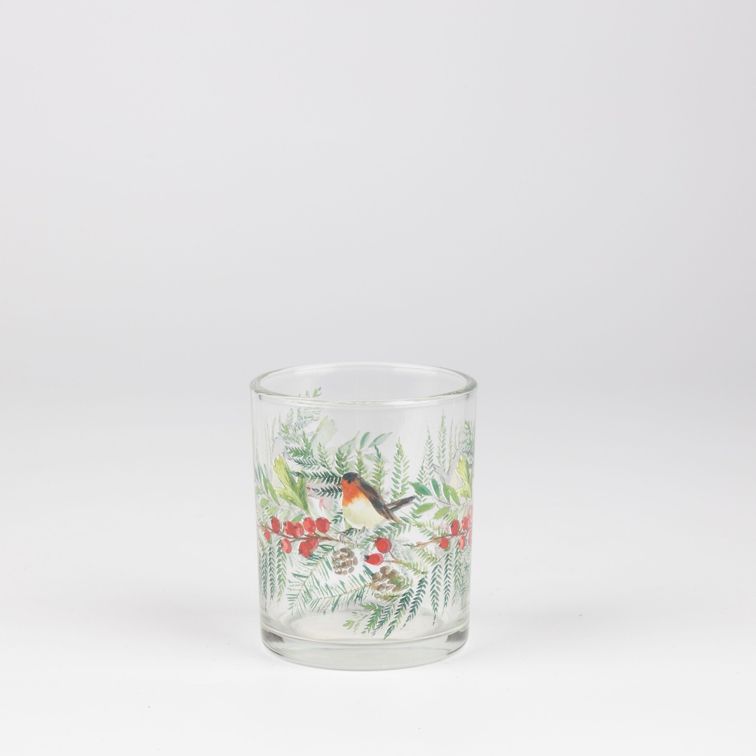 Glass t-light holder, clear glass with robin on cranberry sprig, 3 in  6            