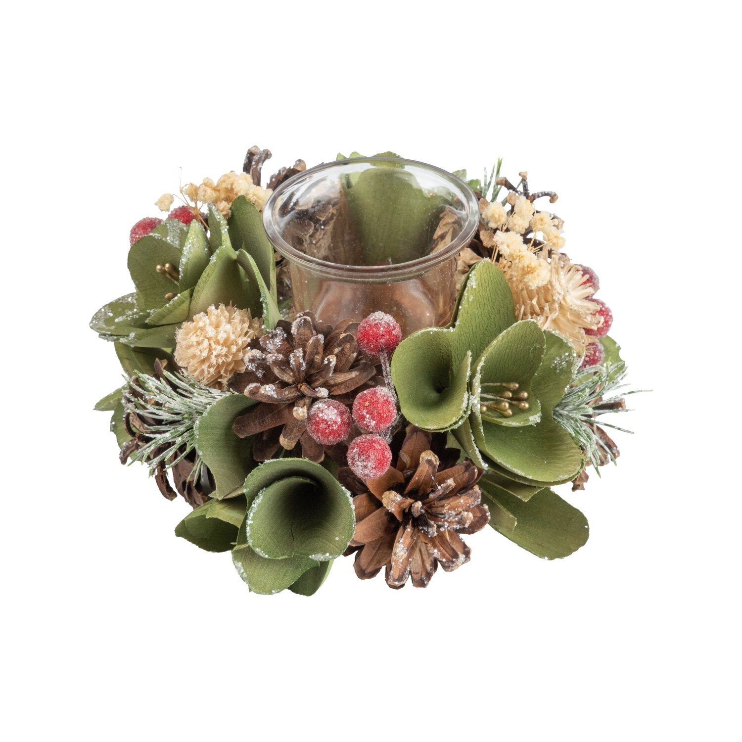 Pinecone votive holder, light green with red cranberries, 6 in  4      