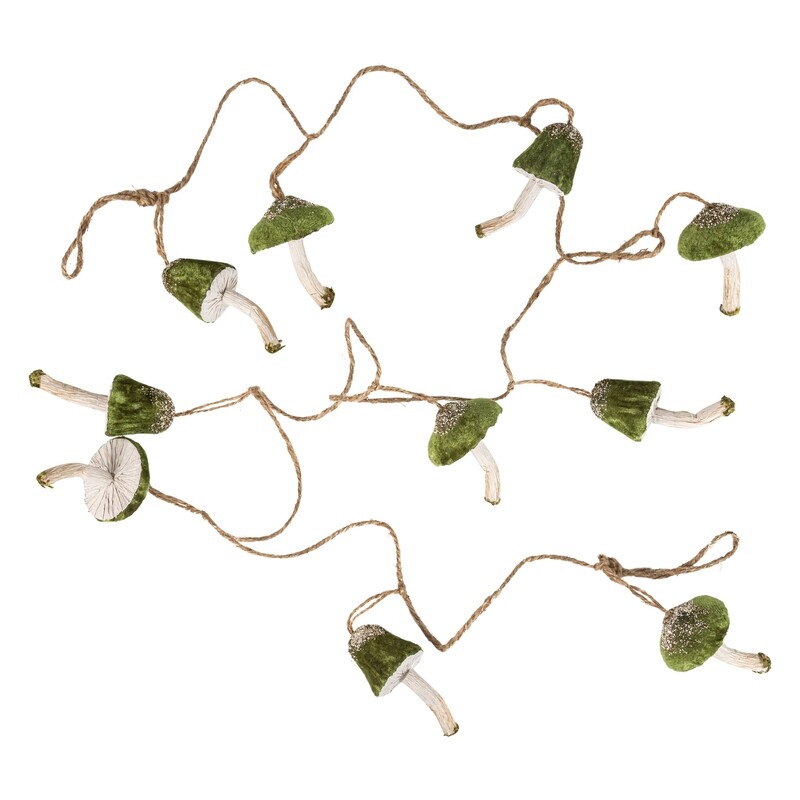 Velvet and paper mushroom garland, dark green velvet cap with natural paper stem, 72 in  4      
