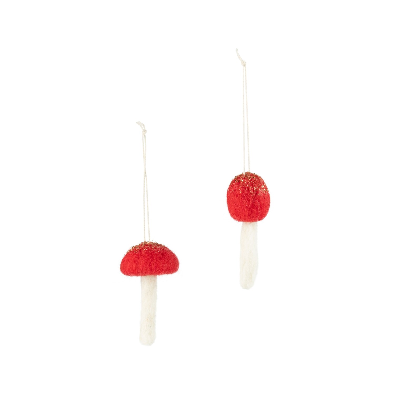 2 Asst&#39;d felt mushroom ornament, wide red felt cap with glitter, 3 in  24            