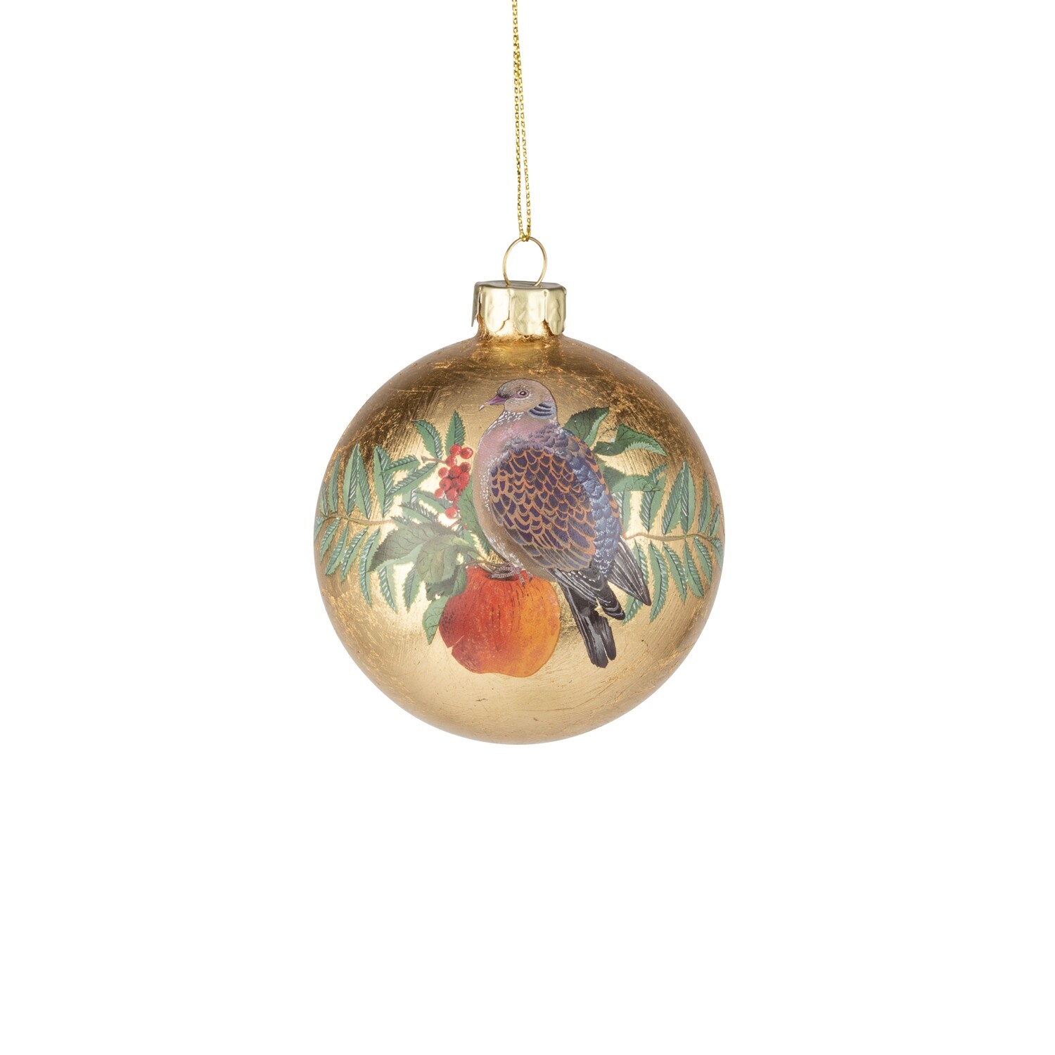 Glass ball ornament, gold foil finish with grouse and apple scene, 80mm/3 in  12            