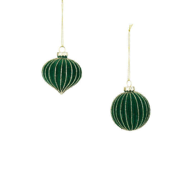 2 Asst&#39;d green glass ball ornament, ridged green flock, 60 mm/2.5 in  12      