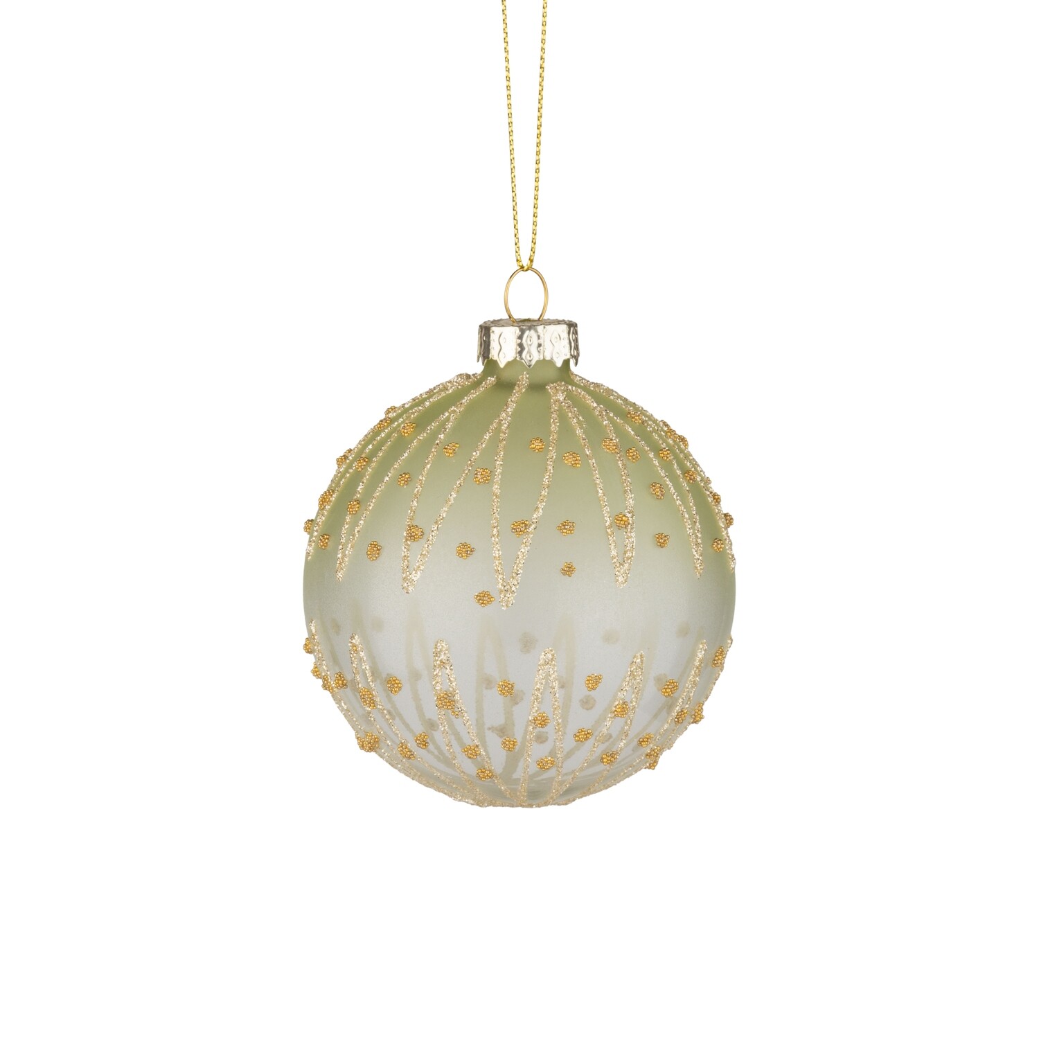 Glass ball ornament, ombre light green with gold, silver and white glitter swags, 80mm/3 in  12            