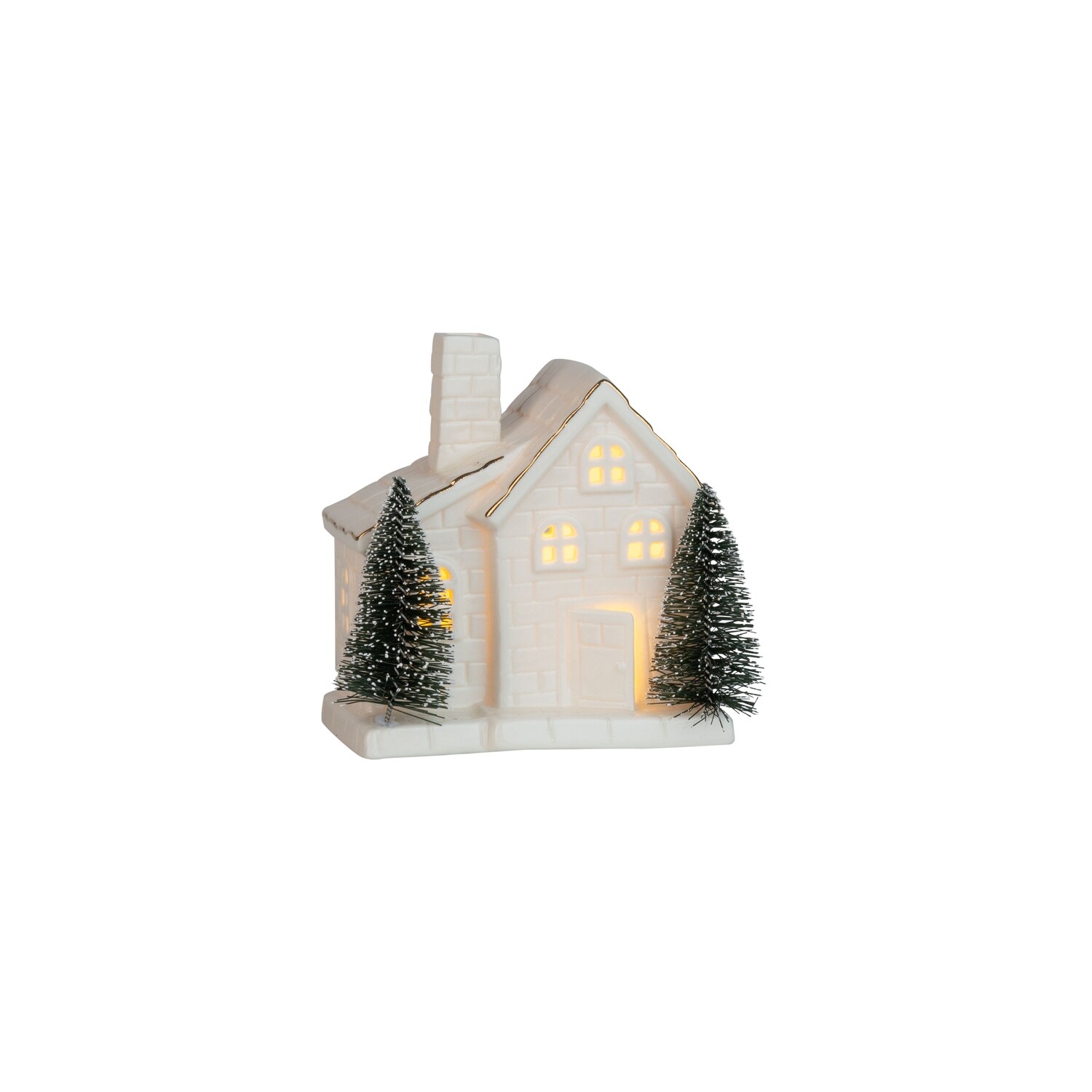 Ceramic white house with green bristle trees table piece, 2 storey, LED, 4.75 in  2