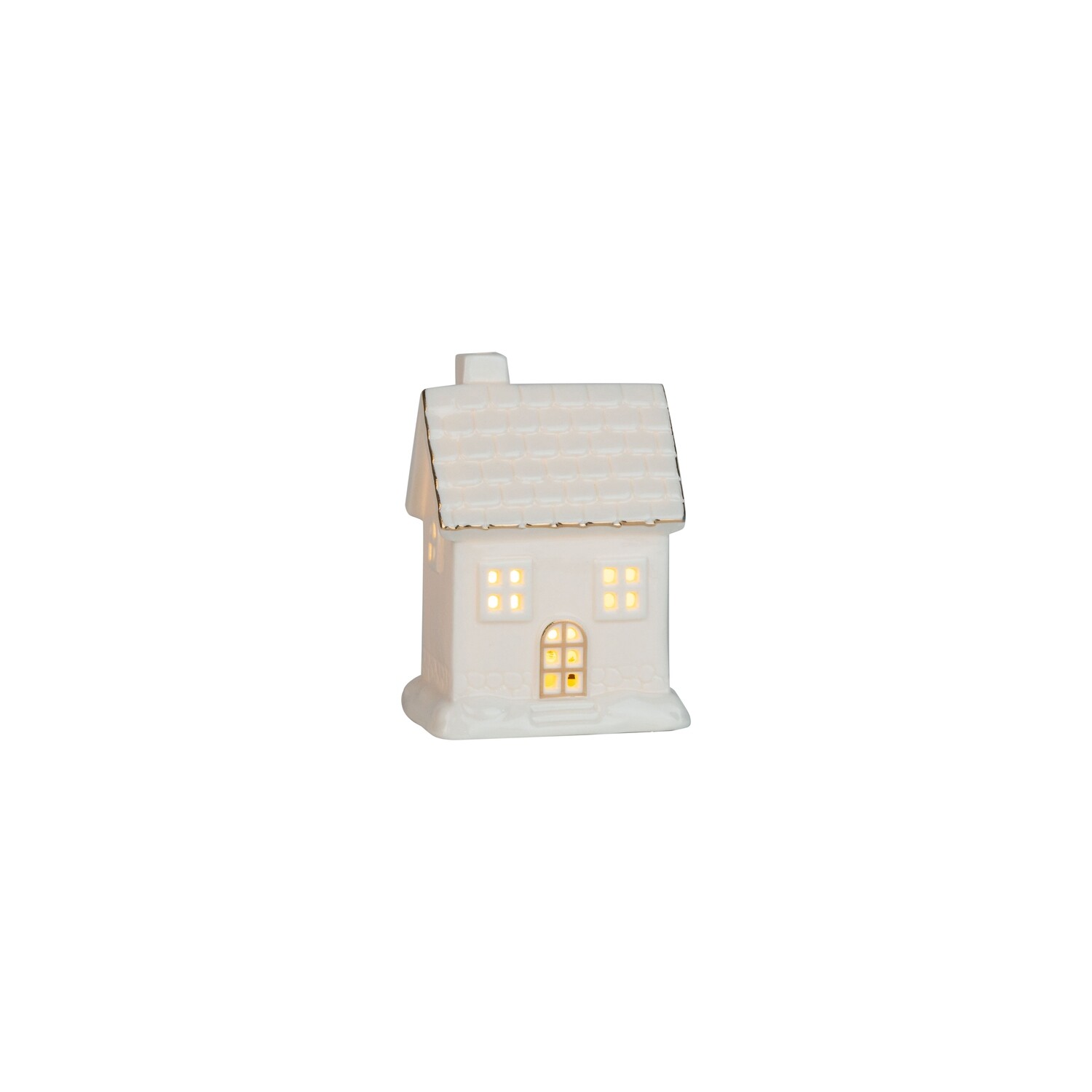 Ceramic white house table piece, tile roof detail, 2 storey with gold door, 4.5 in  4            