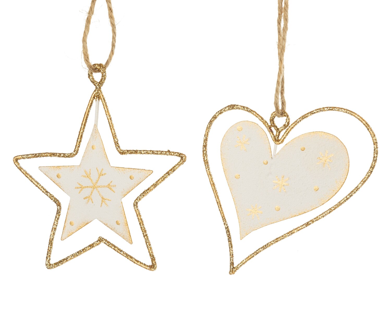 2 Asst&#39;d metal ornament, white and gold star and heart, 3 in  24            