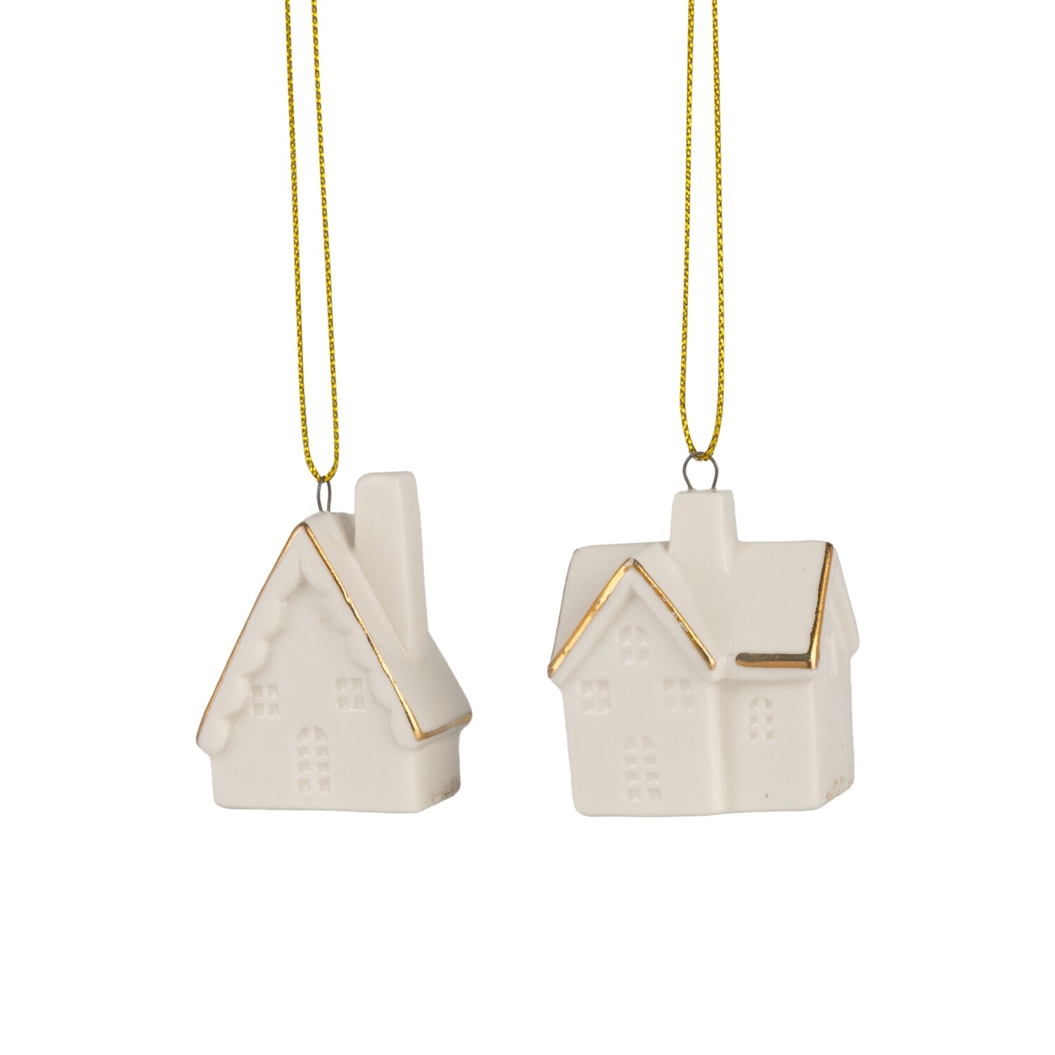 2 Asst&#39;d ceramic white house ornament, A-frame with gold trim, 2 in  24      