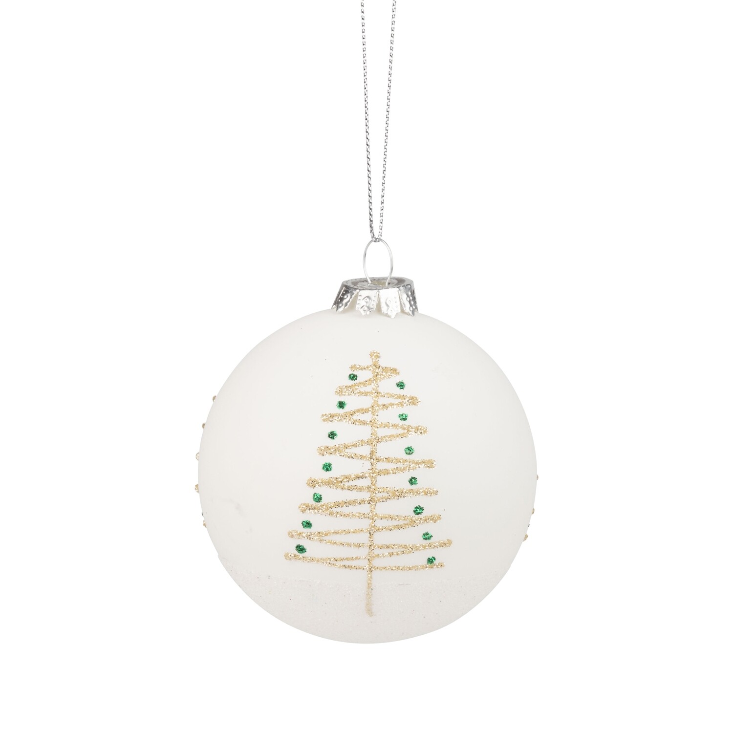 Glass ball ornament, opaque white with gold glitter tree and green trim, 80mm/3 in  12            