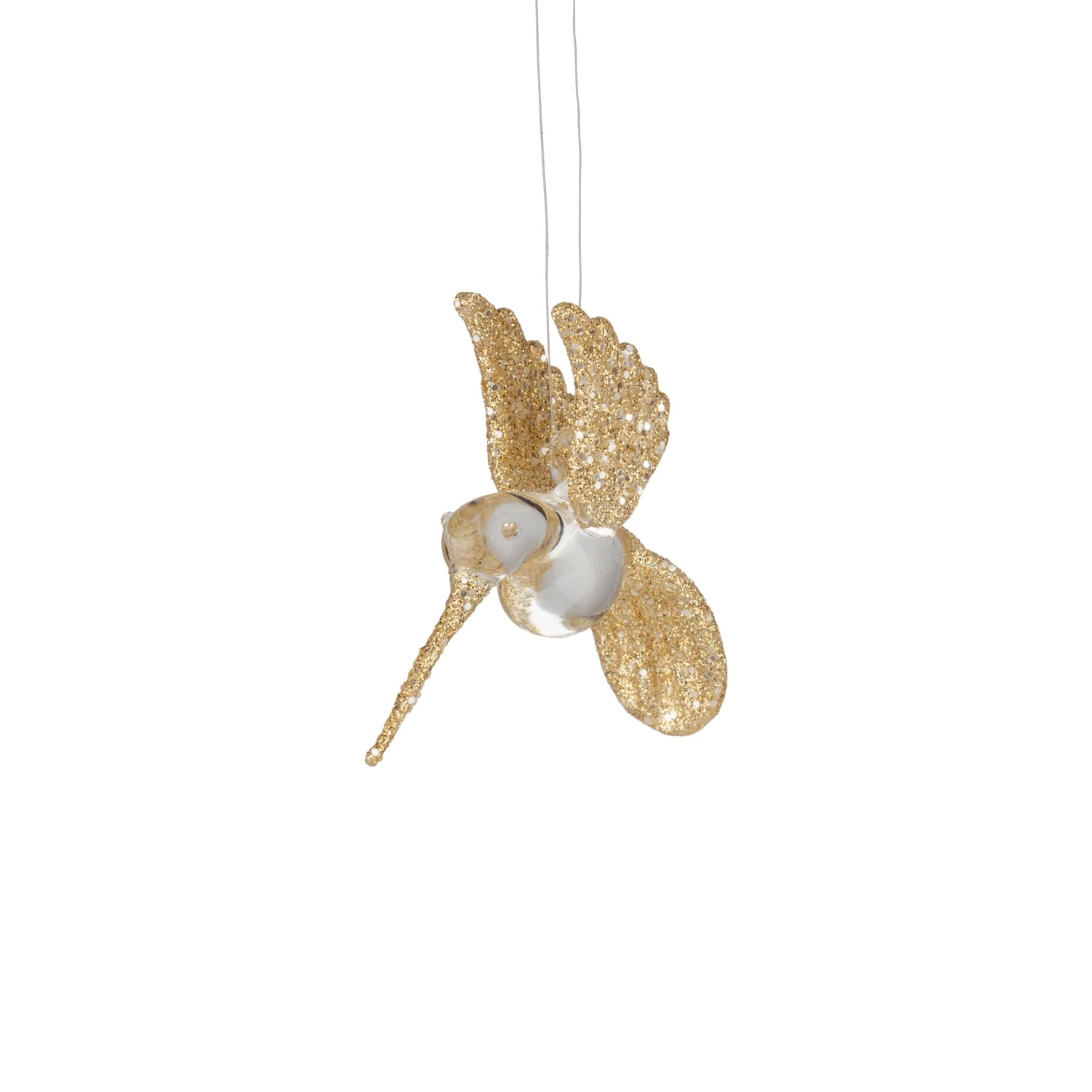 Glass hummingbird ornament, clear with gold glitter wings, 3 in  12      