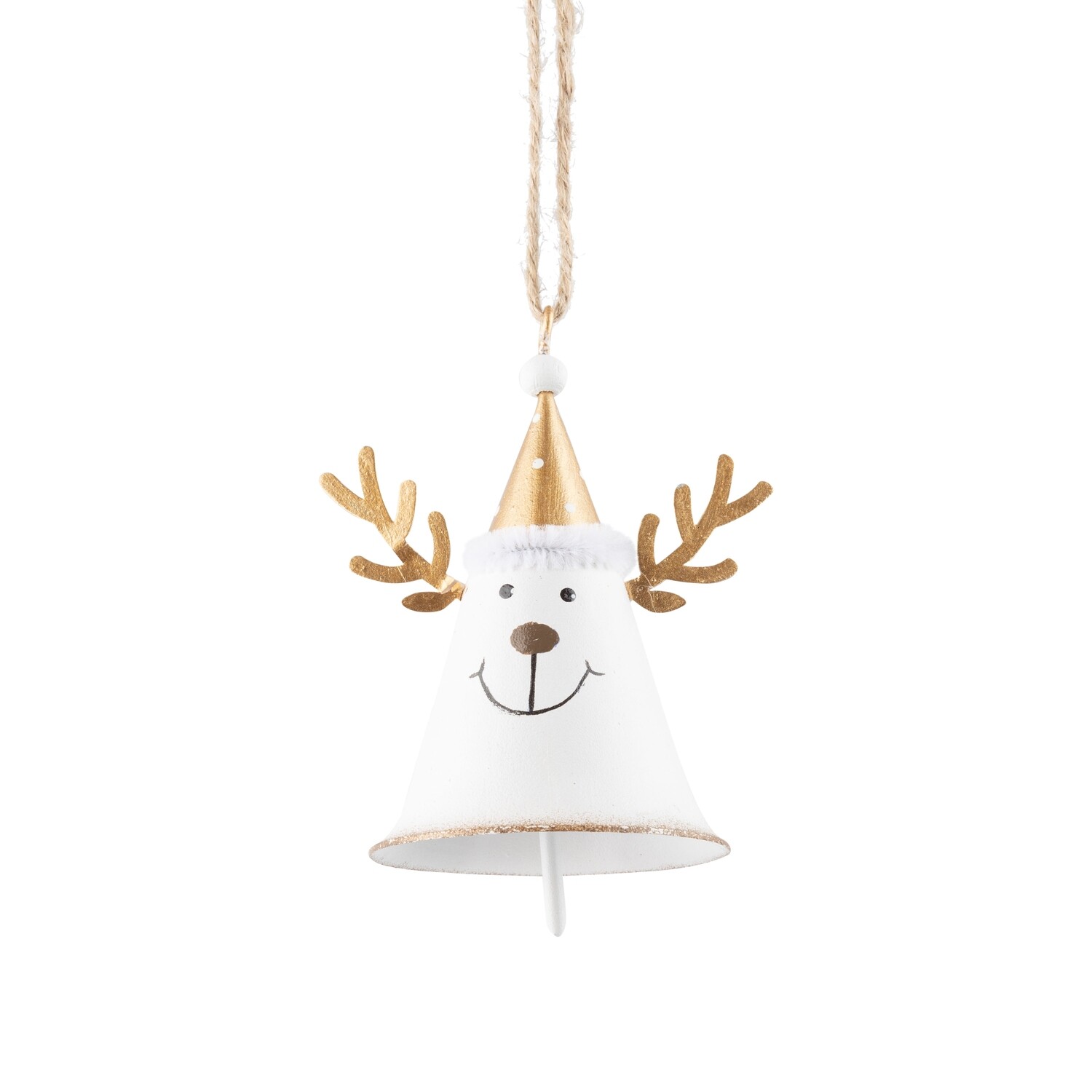 Metal reindeer bell ornament, white bell with gold hat and antlers, 4 in  6            