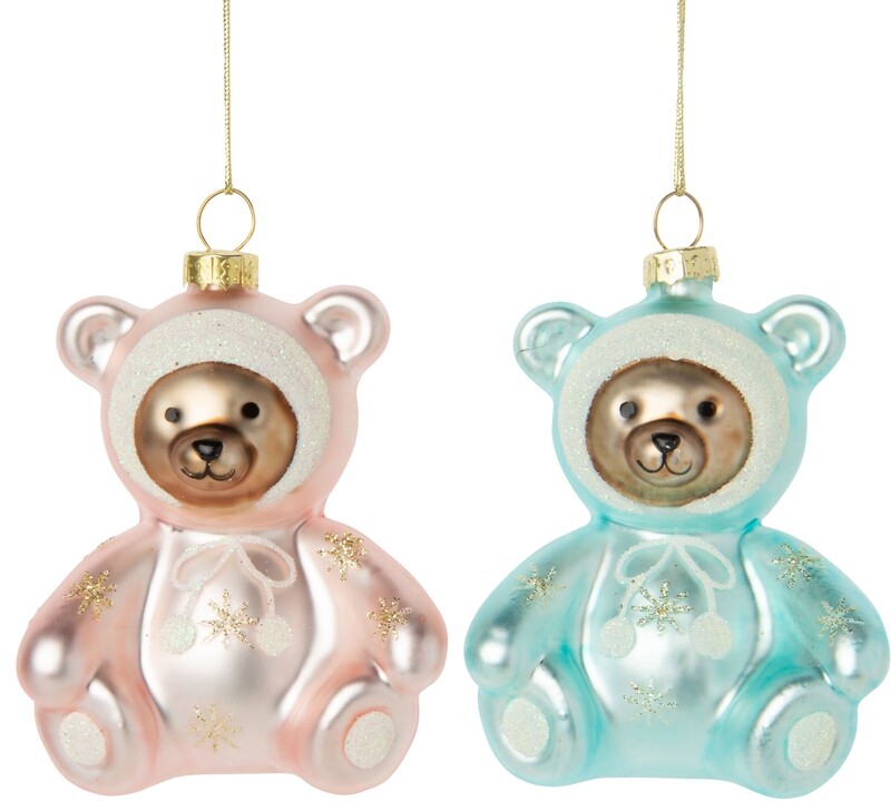 2 Asst&#39;d Blown glass Baby&#39;s first teddy decoration, inscription on reverse 3.5 in  12            