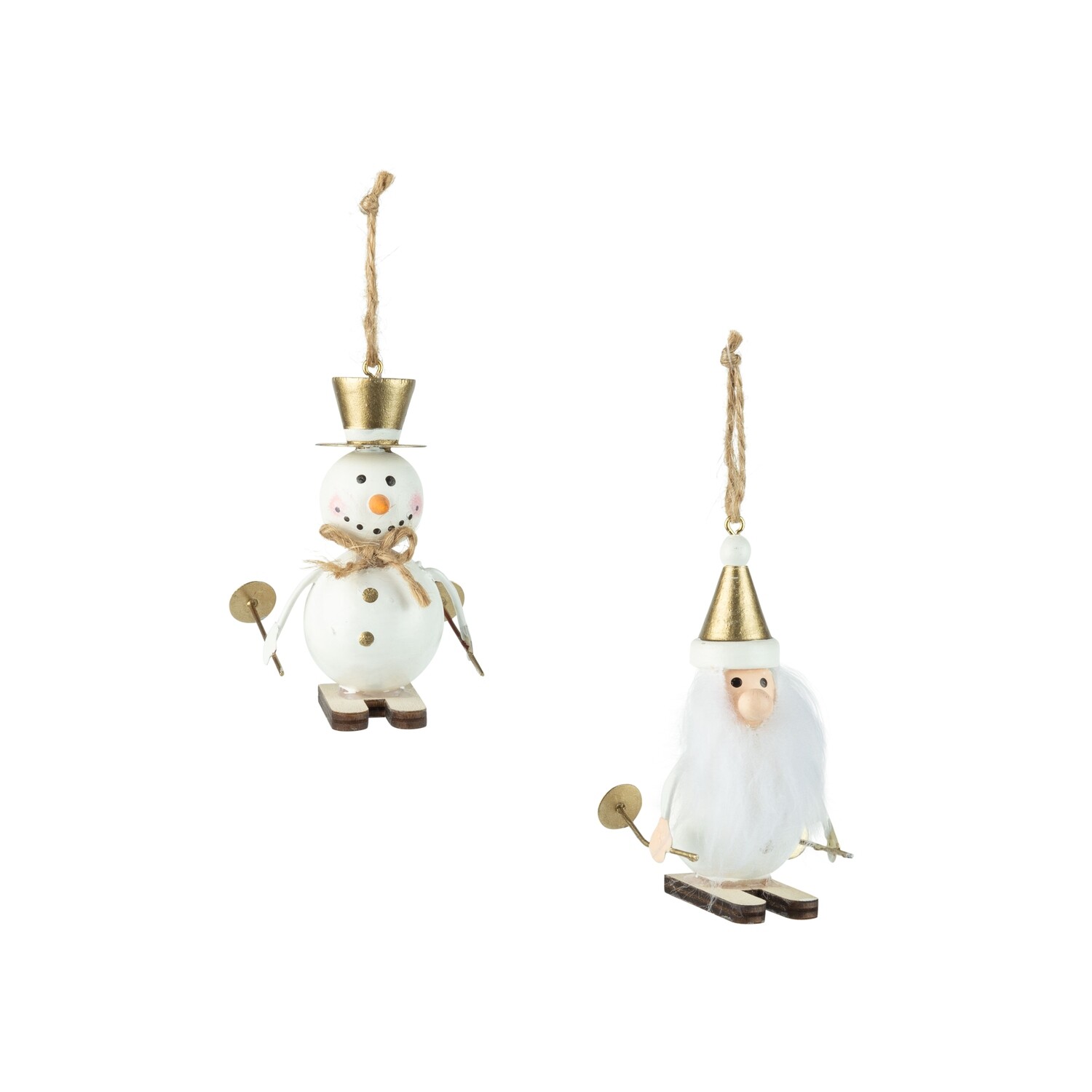 2 Asst&#39;d wood Santa and snowman ornament, gold and white, 3.5 in  12            