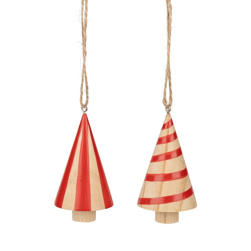 2 Asst&#39;d wood cone tree ornament, natural and red ribbon swirl and natural and red cone stripe, 3+3.5 in  16            