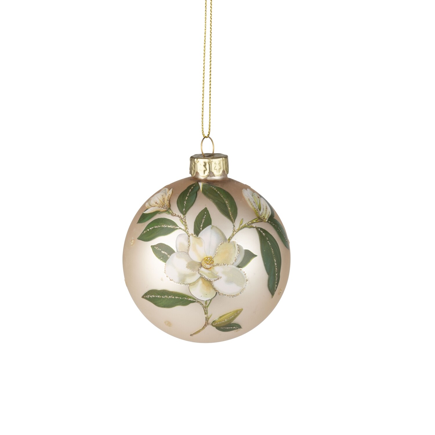 Glass ball ornament, pale gold with magnolia print, 80mm/3 in  12 -Z08 -25NP -S04/25