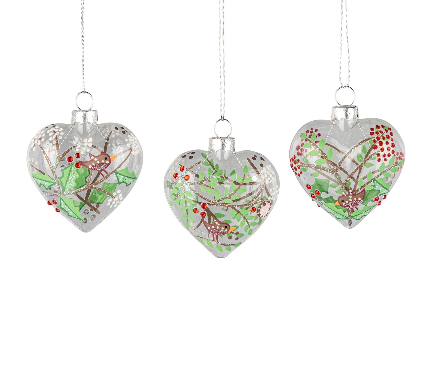 3 Asst&#39;d clear glass heart ornaments with scandi bird print, 2.5 in  24      