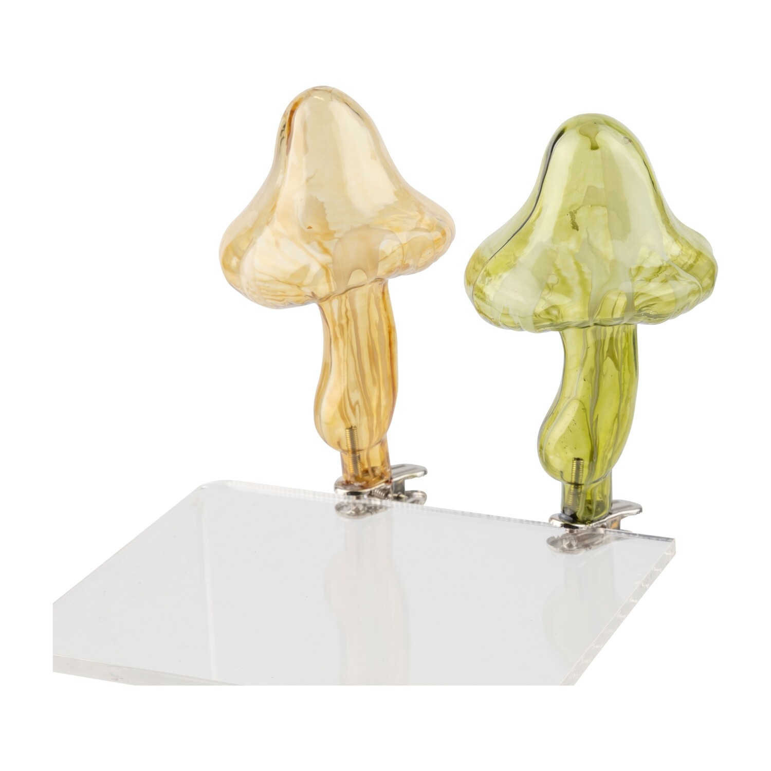 2 Asst&#39;d translucent glass clip on mushroom ornament, amber and green, 4.5 in  12      