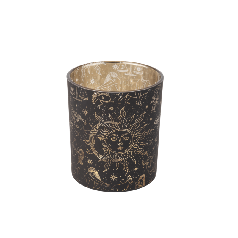 Glass holder table piece, matte black with silver celestial design, silver interior, 4 in  6