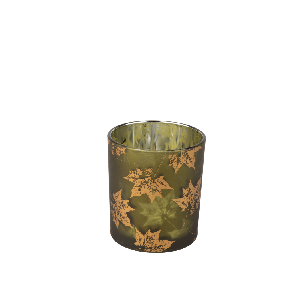 Glass holder table piece, matte green glass with gold leaf, silver interior, 3 in  12